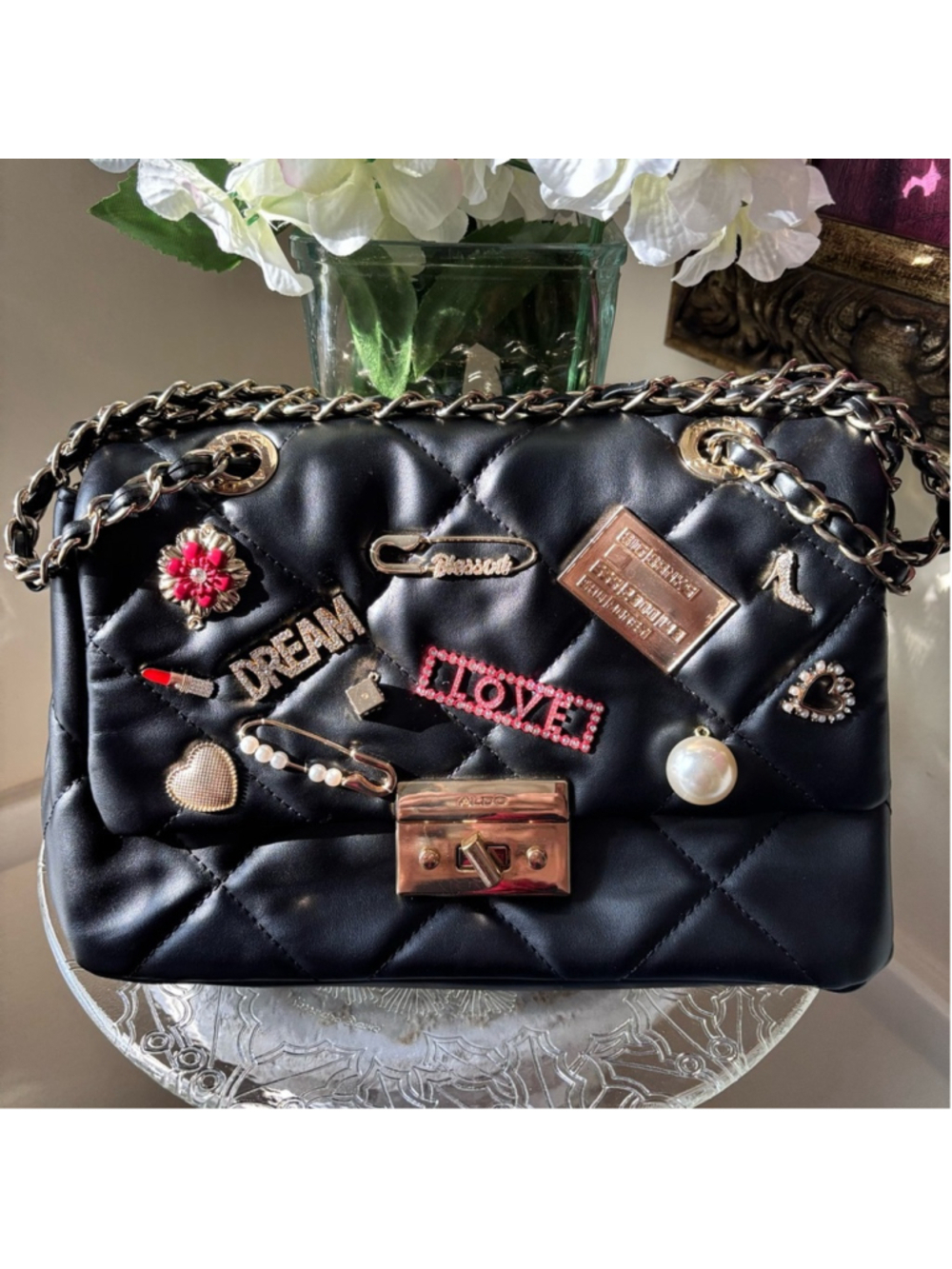 ALDO BLACK EMBELLISHED QUILTED SHOULDER OR CROSSBODY BAG